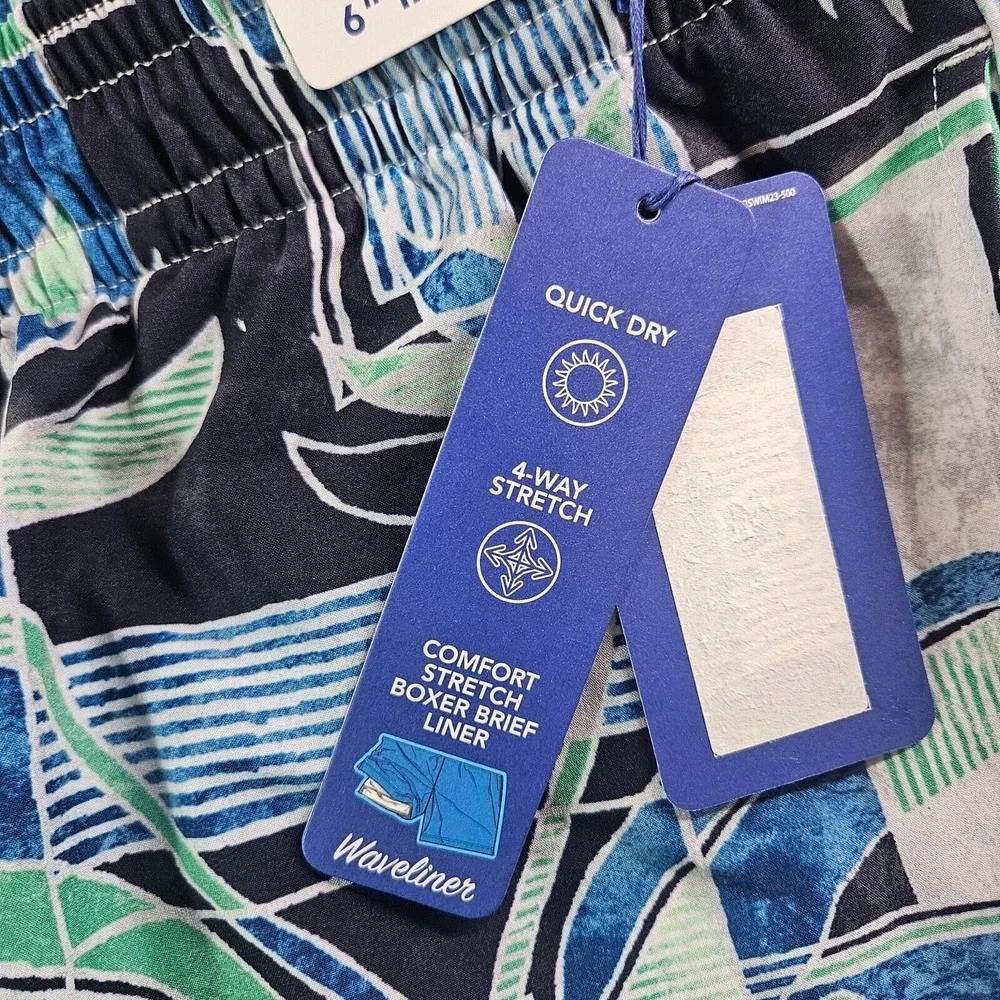 NWT Caribbean Swim Shorts Trunks Men's 4XB Lined Zip Pocket Leaf Geometric Print